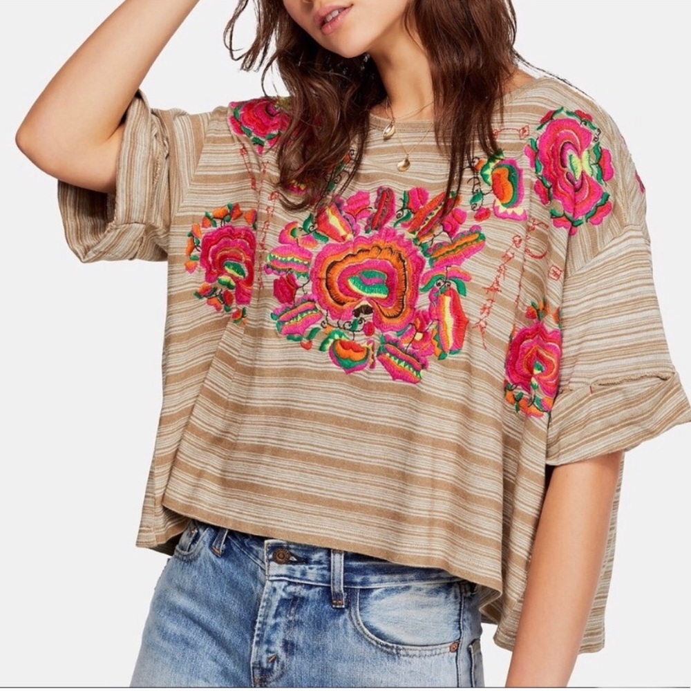 Free People Catalunya Floral Embroidered Top M